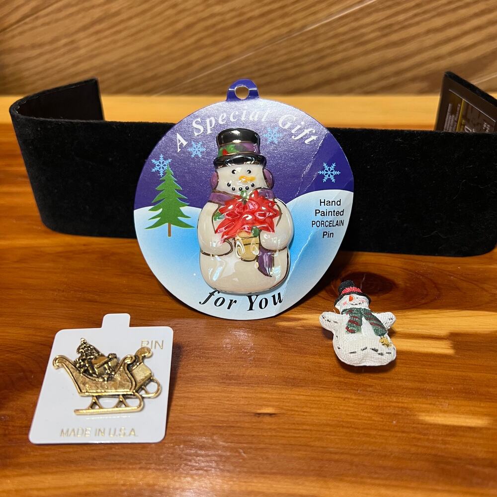 Vintage Lot 3 Christmas Lapel Pin Brooch Snowman Sleigh USA Made Gold Tone